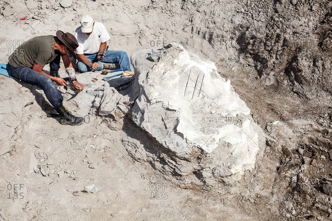 Kaiparowits, Utah, USA - September 17, 2015: Two men work in a quarry to remove a large fossil in Utah's Kaiparowits Plateau