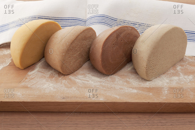 Various types of pasta dough (made from corn flour, whole meal flour, chestnut flour and buckwheat flour)