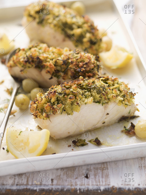 Coalfish fillet with a herb crust and grilled gooseberries