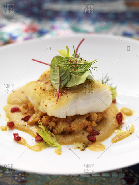 Hake on a biryani and lentil sauce with pomegranate seeds