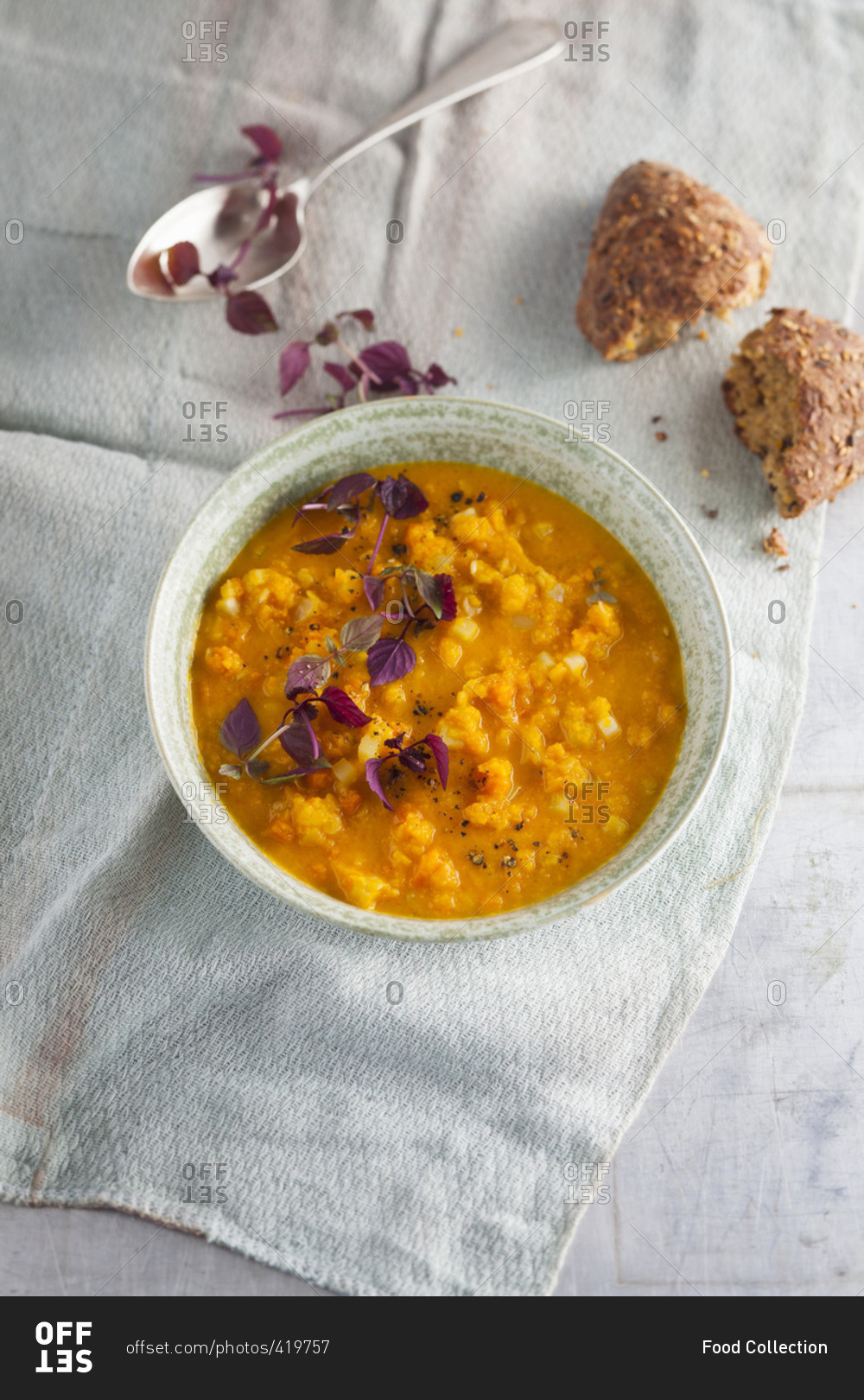 Red lentil dhal with daikon cress