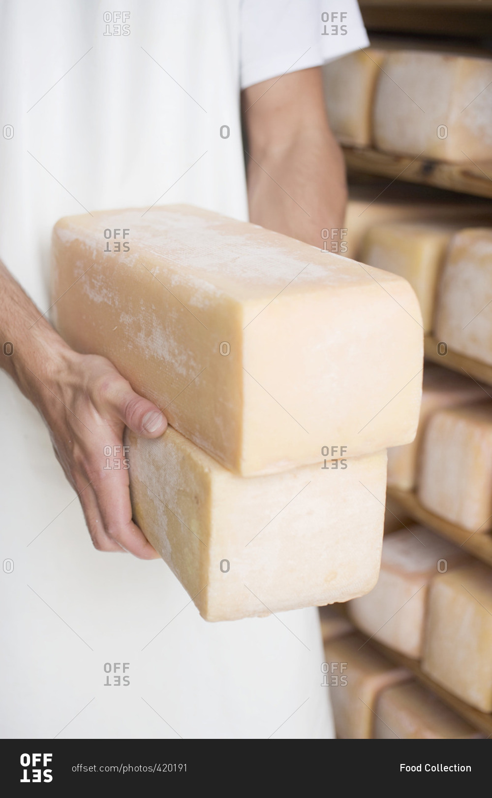 Man holding two blocks of cheese in a cheese dairy