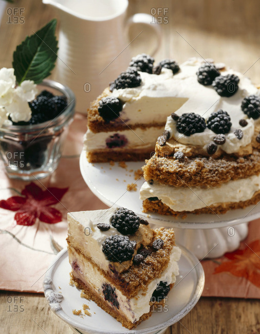 Espresso cream cake with blackberries