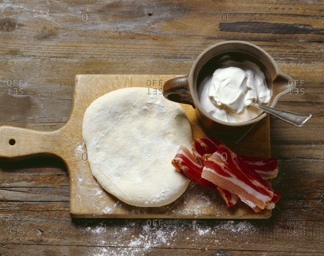 Bread dough, bacon, sour cream for bacon & onion flatbread