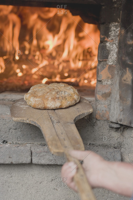 Freshly-baked bread (from wood-fired oven) on baking peel