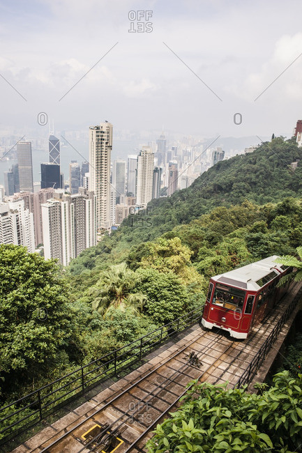 Hong Kong- September 20, 2015: View of Hong Kong from Victoria Peak with The Peak Tram funicular