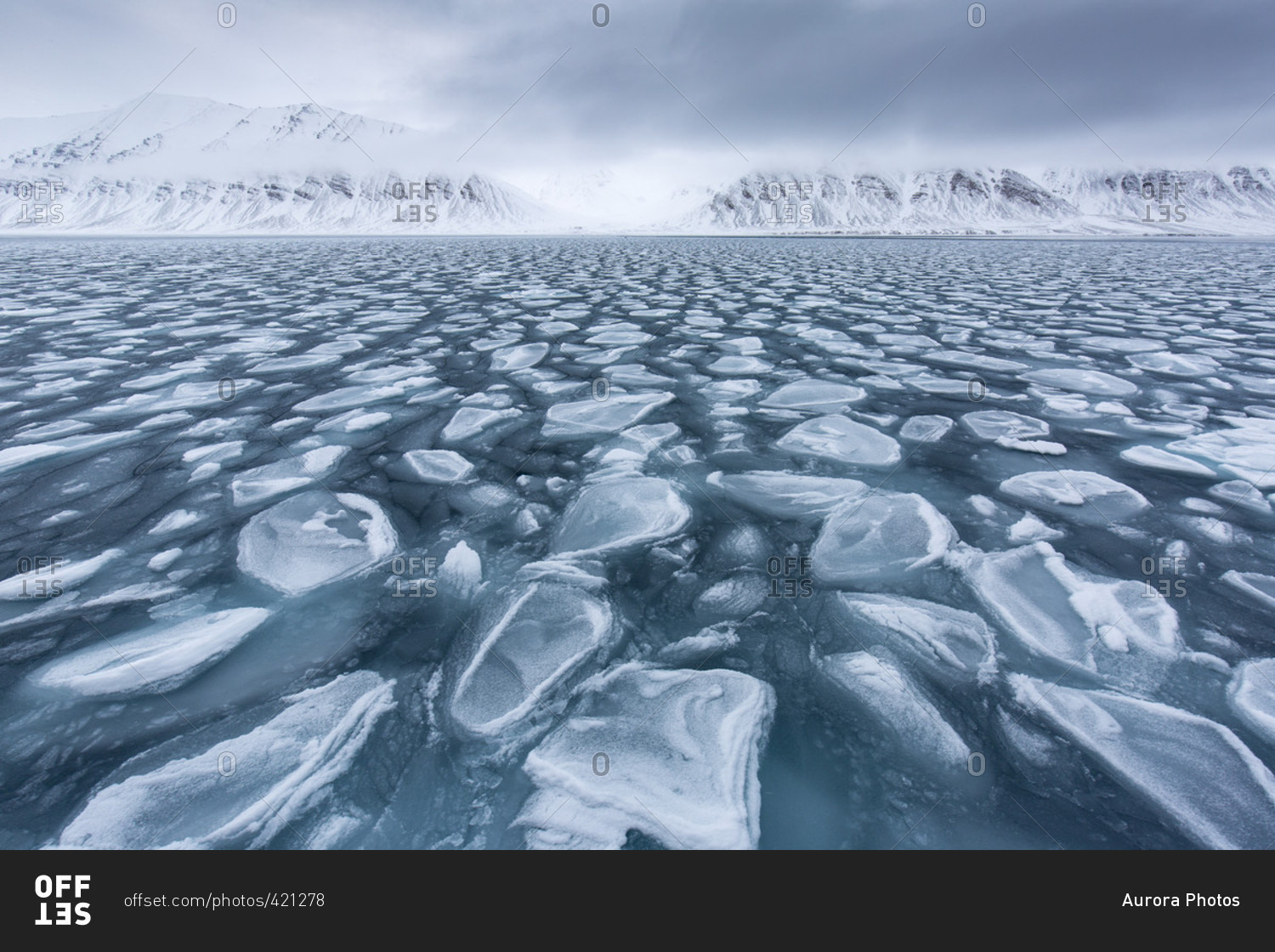 Broken Pack Ice In Arctic Sea With Glacier In The Background In Spitsbergen, Svalbard