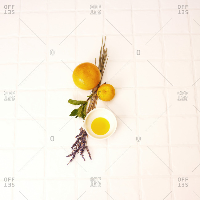 Aromatherapy Ingredients on White Tile Surface