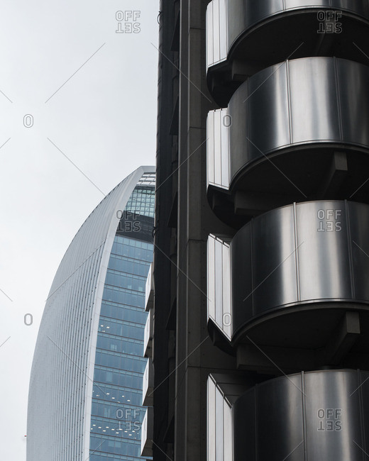 Detail of the Lloyd's Building and Willis Building exteriors, London, England