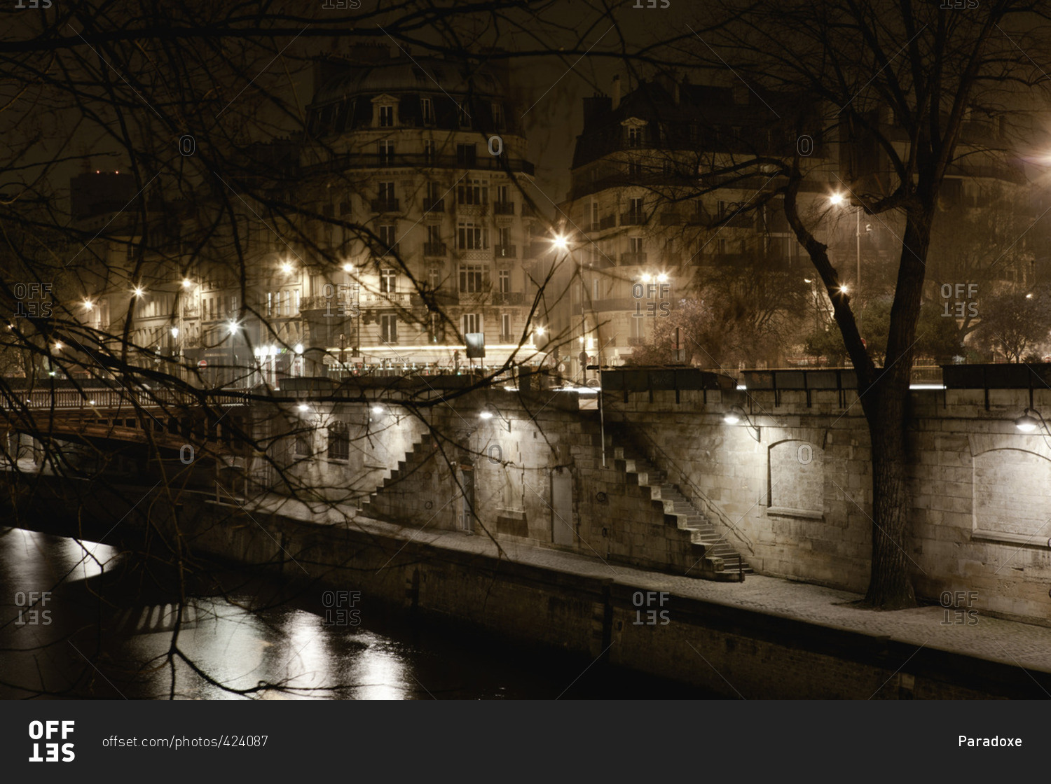 Bank of Seine river by night, Paris, France