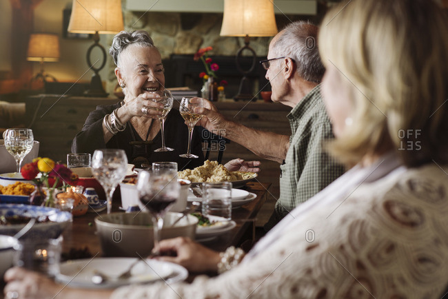 Senior couple toasting at Thanksgiving dinner