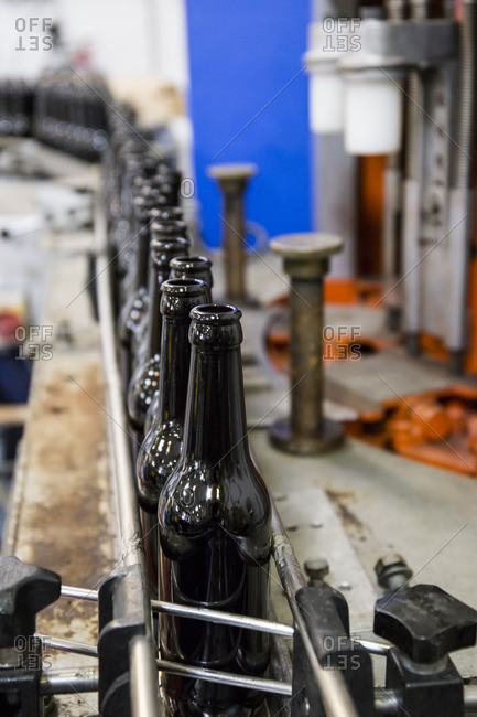 Beer bottles on conveyor belt in bottling plant