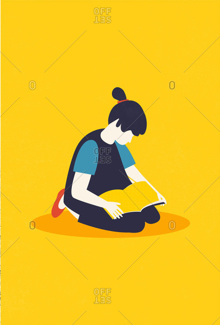 Illustration of a girl sitting on the floor reading a book