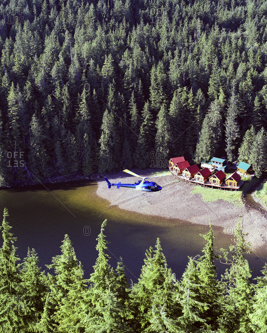 British Columbia, Canada - December 10, 2007: A helicopter over wilderness resort