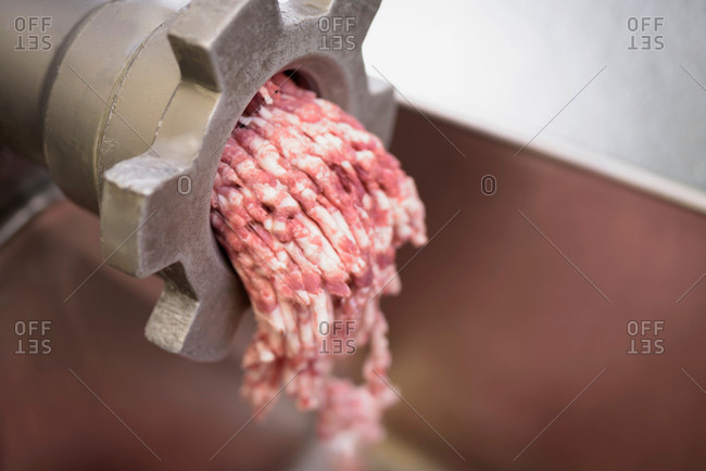 Minced sausage meat for Italian sausages in sausage factory, close up