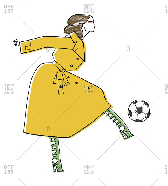 Stylish woman kicking soccer ball