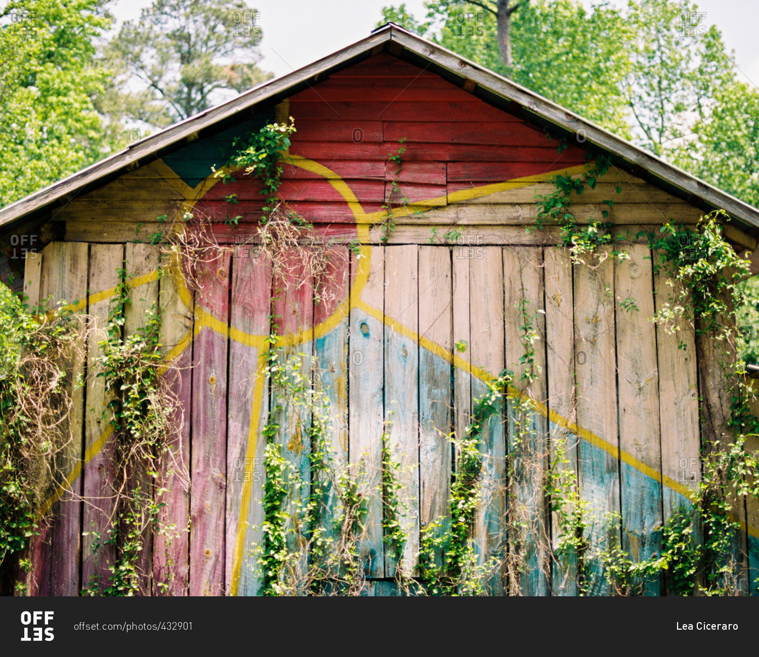 Old barn exterior with colorful painted design
