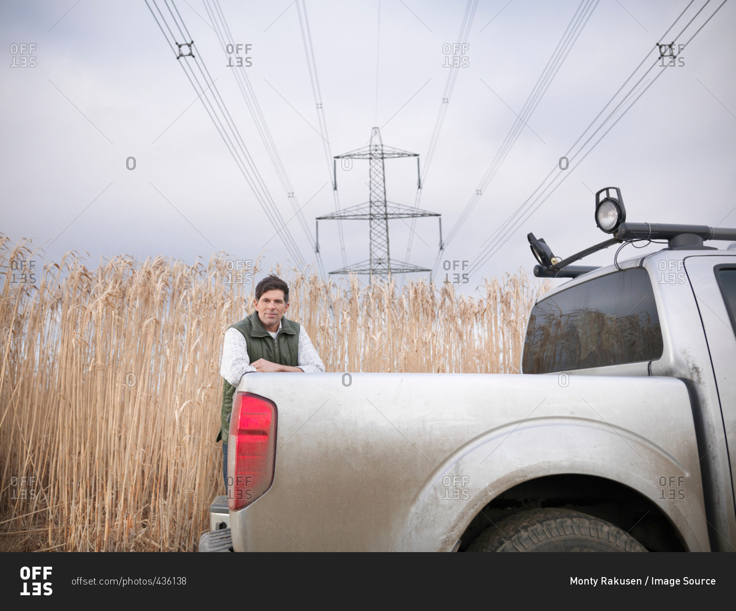 Farmer standing under pylon by truck on biomass farm