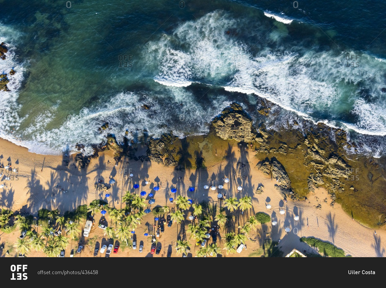 Aerial view of beach dotted with umbrellas, Salvador da Bahia, Brazil