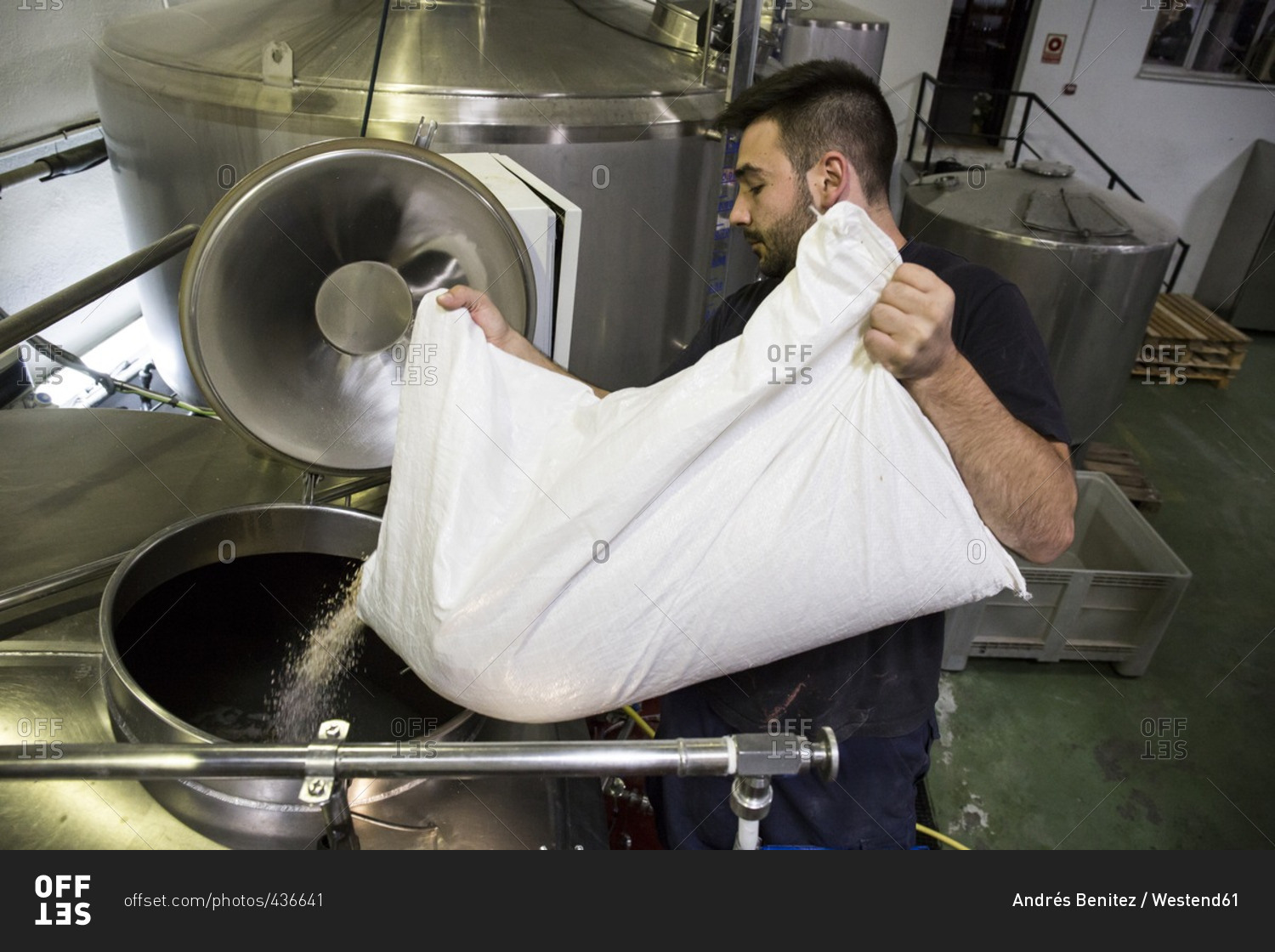 Man pouring a bag of malt in a beer tank in a factory