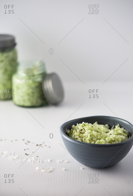 Bowl and jars of sauerkraut
