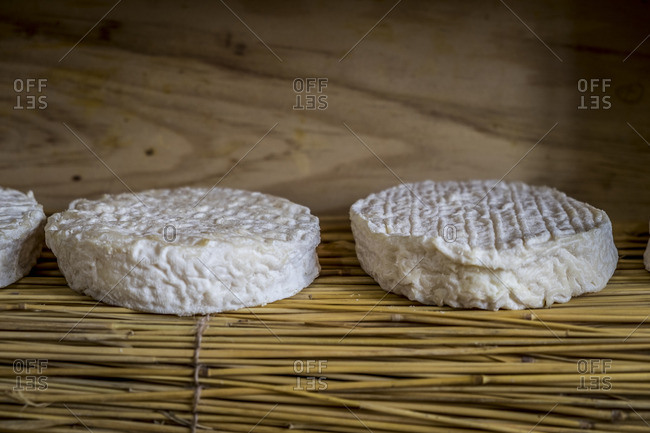 Cheese with wrinkly rind for aging on wicker shelf in shop in France