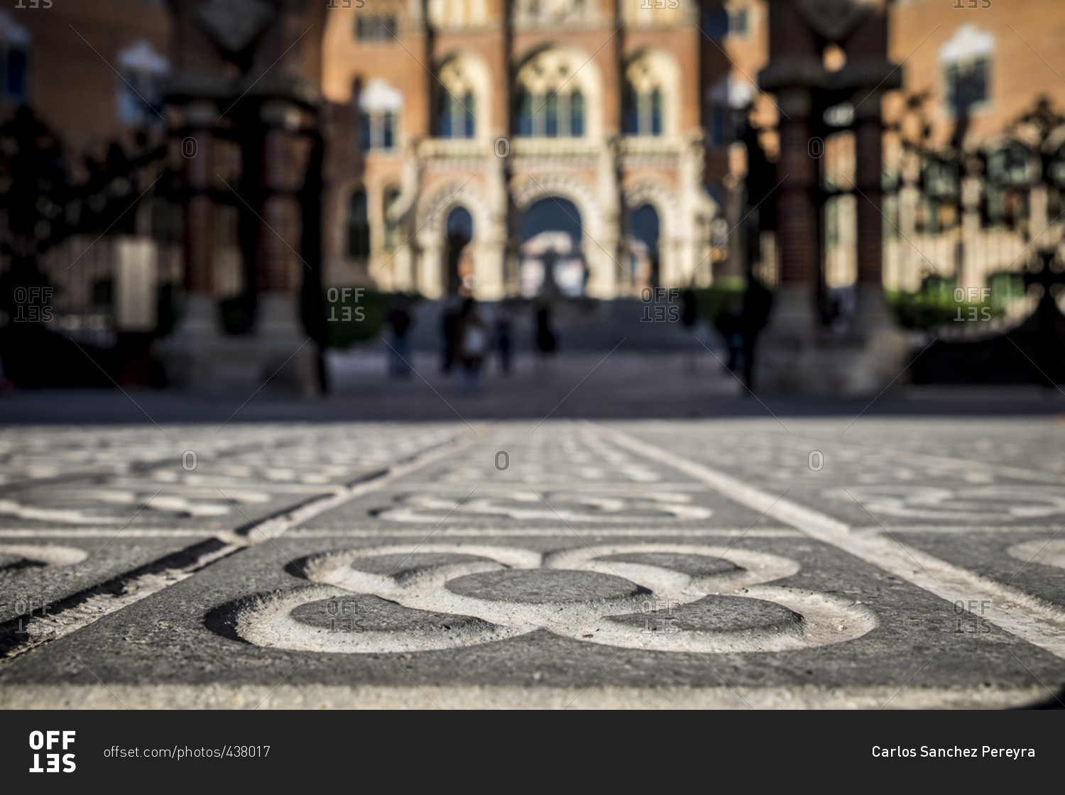 Decorative design carved in street in front of Hospital de Sant Pau, Barcelona, Spain
