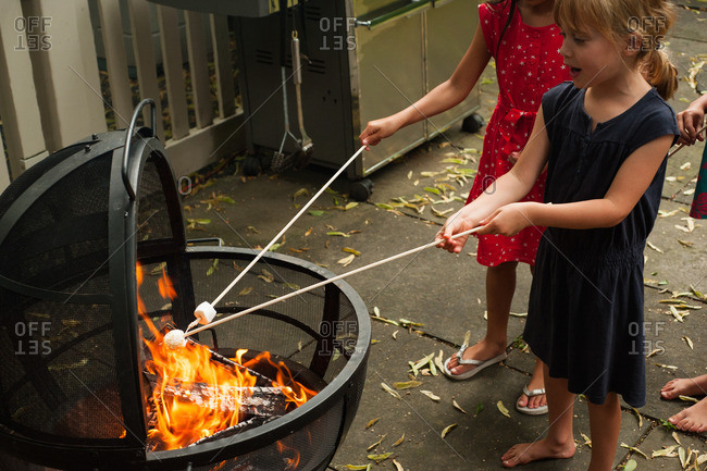Girls roasting marshmallows over fire