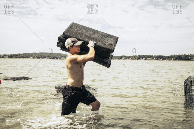 Man carrying oyster cages
