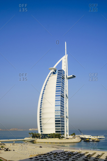 April 10, 2016: Burj Al Arab hotel, iconic Dubai landmark, Jumeirah Beach, Dubai, United Arab Emirates, Middle East