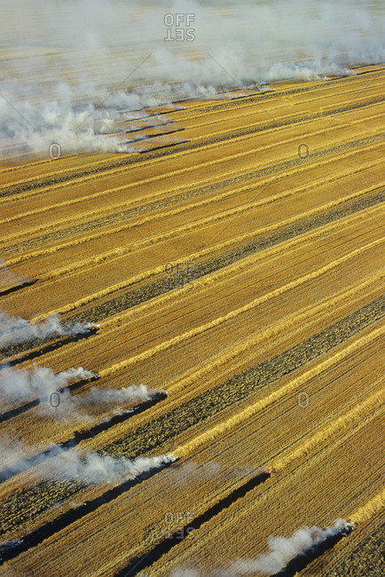Aerial of residual crop burning in Manitoba, Canada.