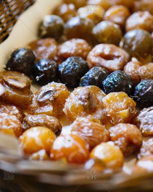 Close-up of candied fruits in the Romanengo candy shop in Genoa, Italy