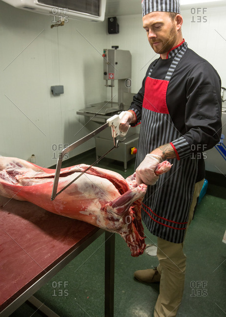 Butcher cutting pigs head with a saw in butchers shop