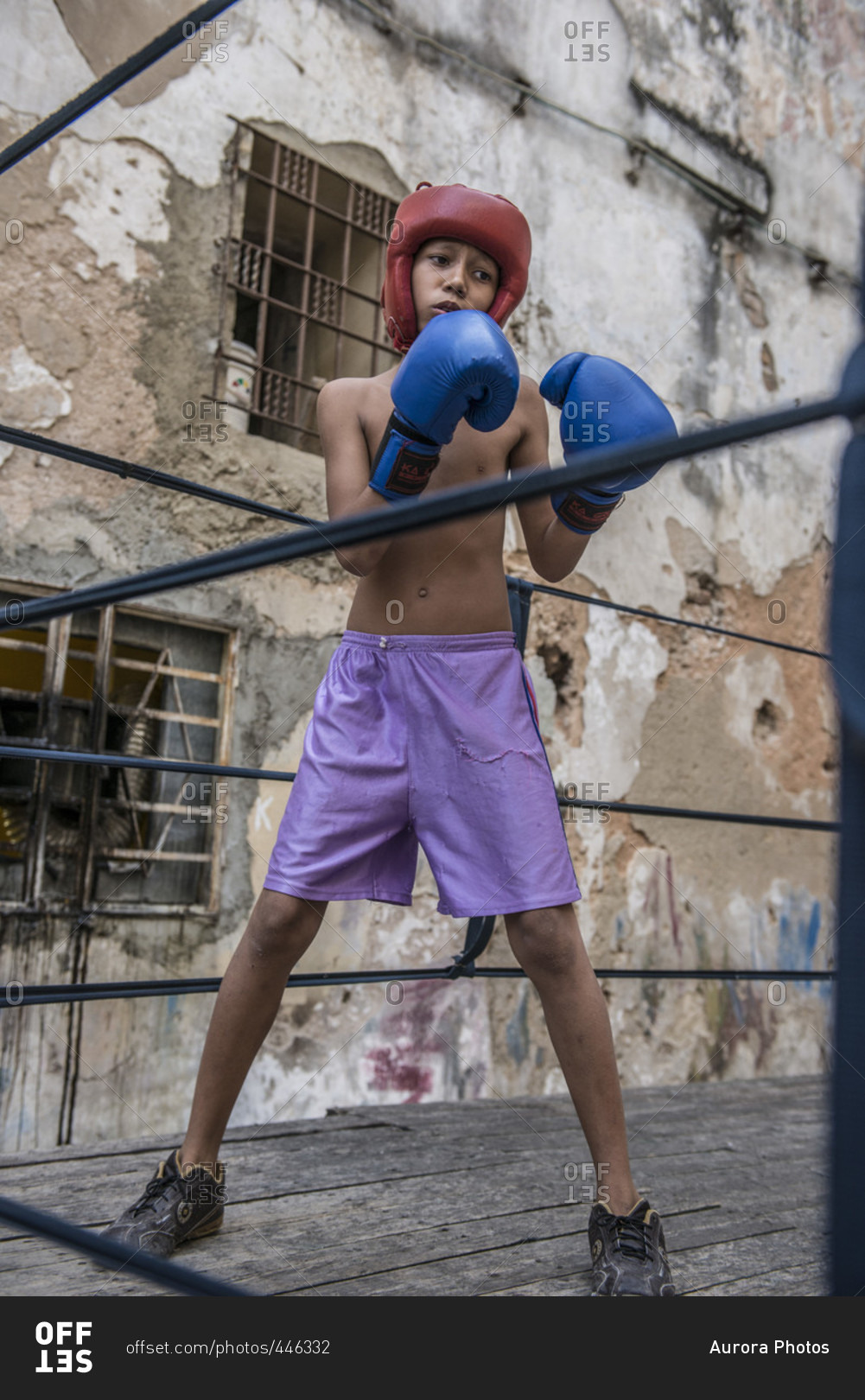 Old Havana, La Habana, Cuba - April 24, 2014: Low angle view\
of a young Cuban boy wearing blue gloves and red headgear, sparring\
at Project Cuba Boxeo, an aid project from Malaika Aid for\
Children, the creation of Samuel \'Sammy\' Fabbri. The organization\
b