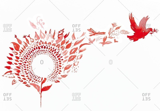 Bird bursting from the petal of a blooming sunflower