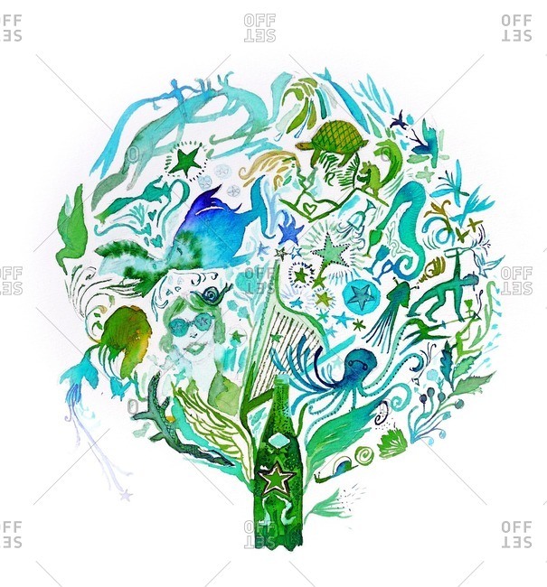 Sea creatures swimming in a bubble above a green bottle