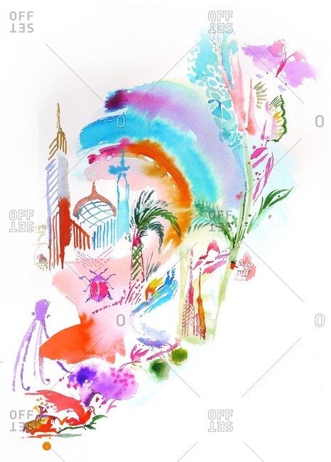 Colorful wonderland with trees, insects and towers
