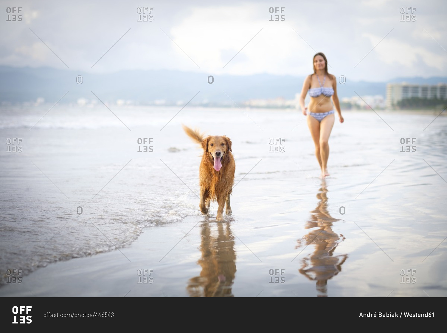 Mexico- Nayarit- Young woman walking with her Golden Retriever dog at the beach