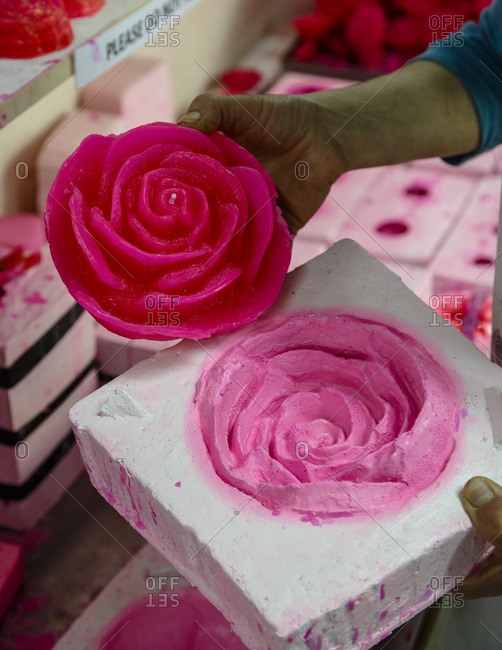 Rose candles being made at the Venus Rose cosmetics, Agros, Cyprus