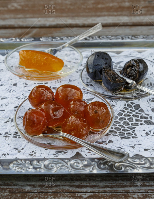 Sweet products on a serving tray at Nikis Sweets, Agros, Cyprus
