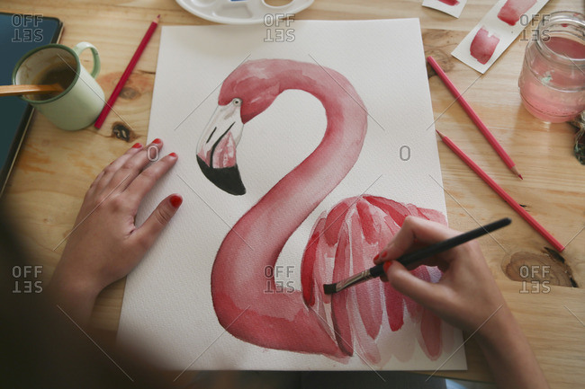 Woman's hand painting aquarelle of a flamingo on desk in her studio