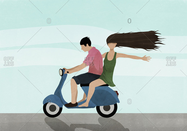 Illustration of couple riding on motor scooter against sky