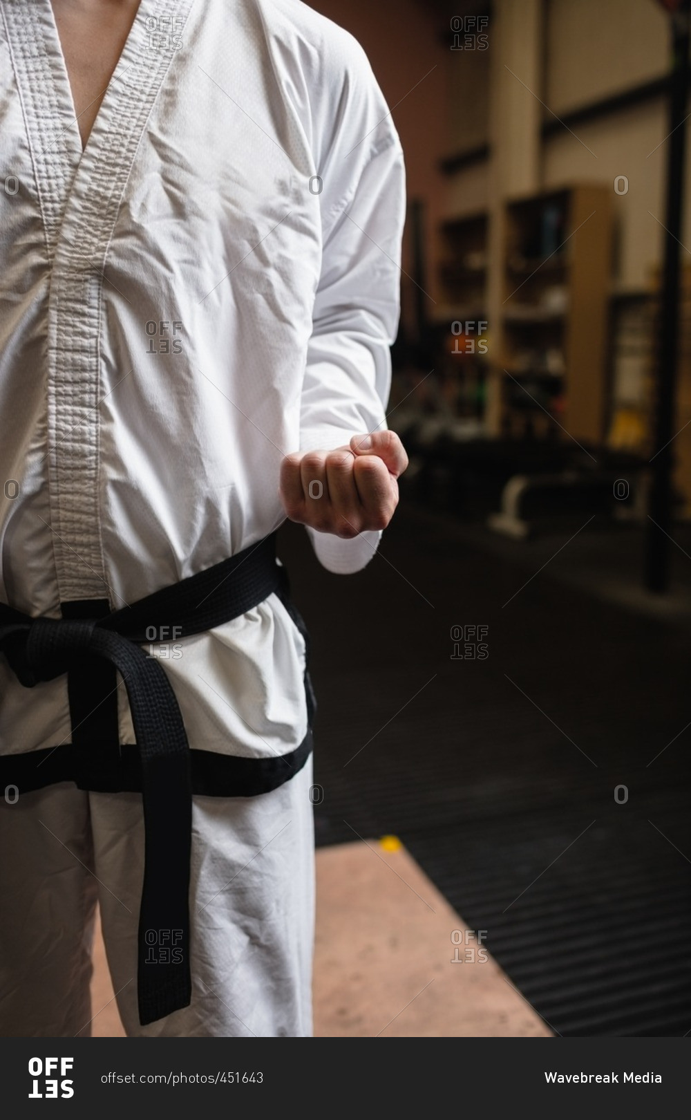 Mid-section of man practicing karate in fitness studio