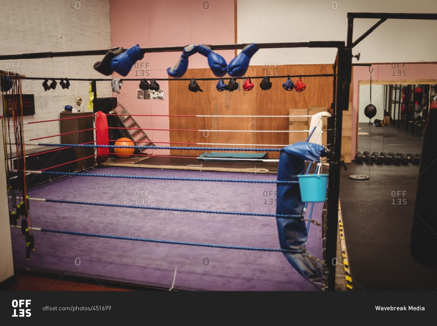 Empty boxing ring in fitness studio