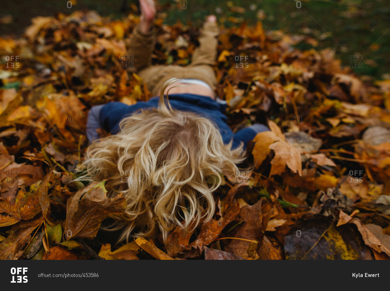 Child falling into a leaf pile