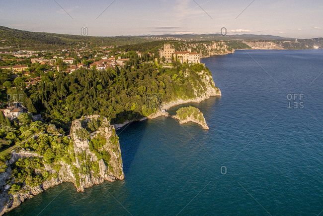 Aerial view of the new and the old Duino Castle in Trieste, Trieste, Friuli-Venezia Giulia, Italy