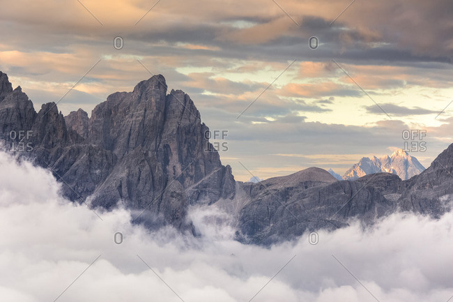 Croda Dei Toni / Cima Undici and mount Antelao illuminated at dawn from Mount Elmo, Bolzano district, South Tyrol, Trentino Alto Adige, Italy