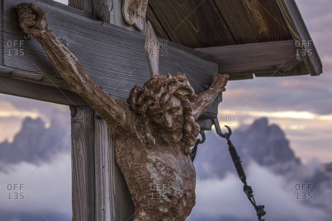 Crucified by the Mount Elmo and Croda dei Toni and Sesto Dolomites in the background, Bolzano district, South Tyrol, Trentino Alto Adige, Italy