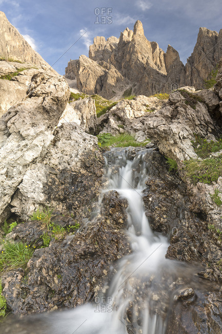 Waterfall in the Popera mountain group, Dolomites of Sesto, Unesco World Heritage, Vallon di Popera, Veneto