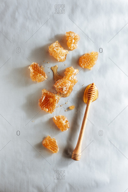 Honeycomb and honey spoon on parchment paper.